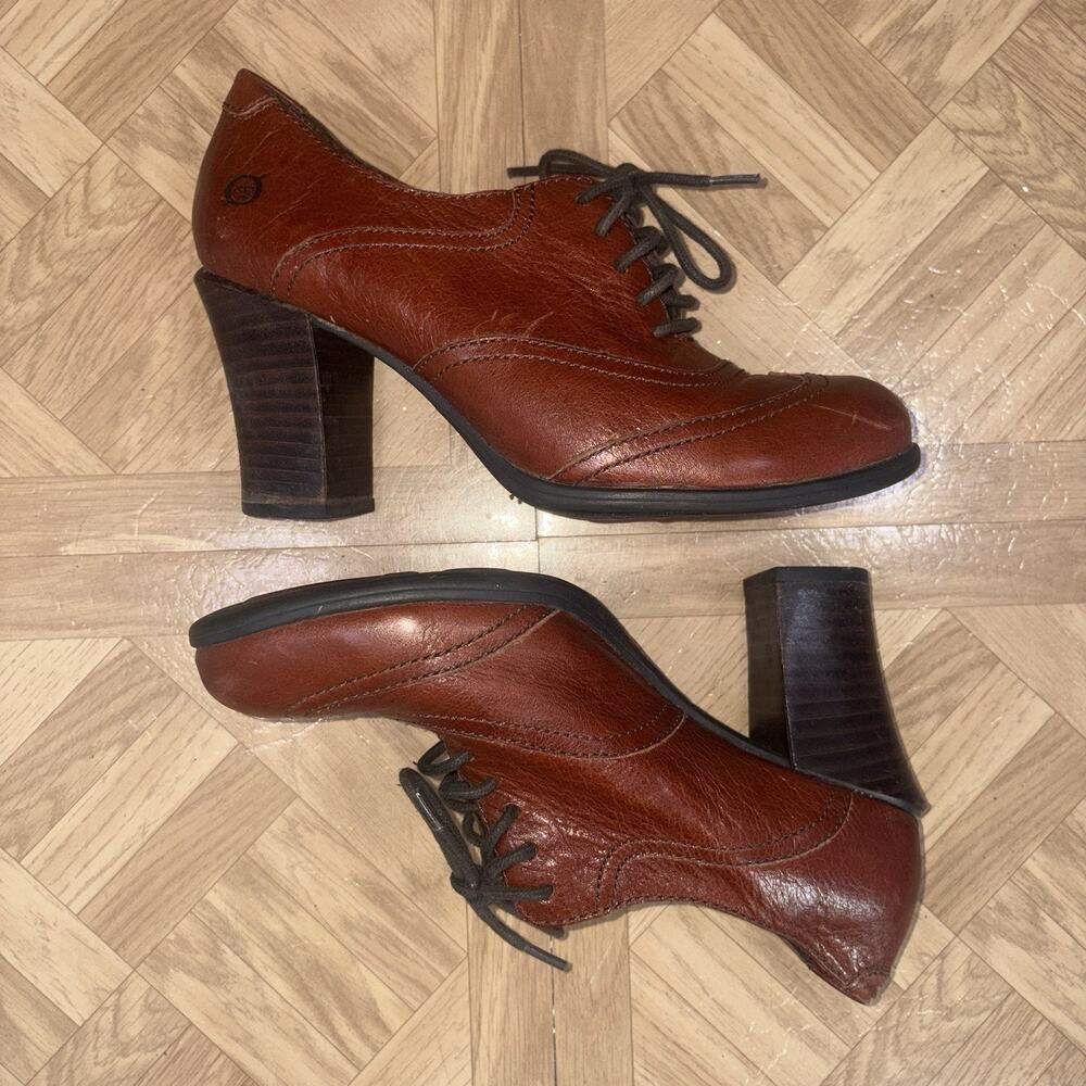 Born Shoes Size 8 Leather Heels Oxford Western Block Stacked Lace Up